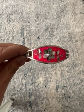 Silver Floral Pink Enamel and Mother of Pearl Hinged Bracelet